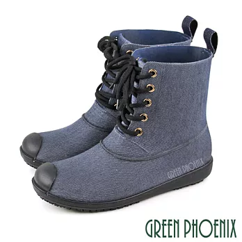【GREEN PHOENIX】女 雨靴 雨鞋 短筒 仿布質感 綁帶 防水 EU36 藍色