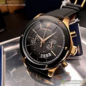 MASERATI瑪莎拉蒂精品錶,編號：R8871627001,46mm六角形玫瑰金精鋼錶殼黑色錶盤真皮皮革深黑色錶帶