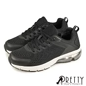 【Pretty】女款造型孔洞網布綁帶運動休閒鞋/氣墊鞋 JP23 黑色