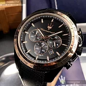 MASERATI瑪莎拉蒂精品錶,編號：R8871612036,46mm圓形玫瑰金精鋼錶殼黑金色錶盤真皮皮革深黑色錶帶