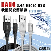 HANG Micro USB QC3.0 QC4.0 耐彎折 3.4A飛魚快速閃充傳輸充電線-200cm 白色