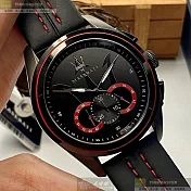 MASERATI瑪莎拉蒂精品錶,編號：R8871612023,46mm圓形黑精鋼錶殼黑色錶盤真皮皮革黑紅色錶帶