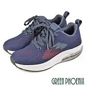【GREEN PHOENIX】女 休閒鞋 健走鞋 透氣 飛線編織 綁帶 厚底 氣墊 EU40 藍色
