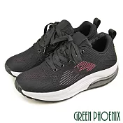 【GREEN PHOENIX】女 休閒鞋 健走鞋 透氣 飛線編織 綁帶 厚底 氣墊 EU39 黑色