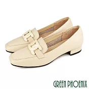 【GREEN PHOENIX】女 低跟鞋 樂福鞋 便鞋 金屬鍊 全真皮 方頭 OL通勤 面試 台灣製 US7.5 粉紅色