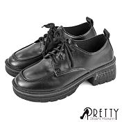 【Pretty】英倫學院風厚底中粗跟綁帶皮鞋/學生鞋 JP25 黑色