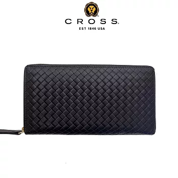 【CROSS】台灣總經銷 限量1折 頂級小牛皮編織紋拉鍊長夾阿梅爾系列 全新專櫃展示品 (黑色 贈禮盒提袋)