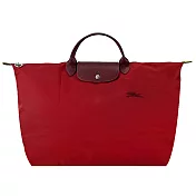 LONGCHAMP LE PLIAGE GREEN系列刺繡短把再生尼龍摺疊旅行袋(大) 夕陽紅