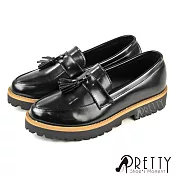 【Pretty】經典小流蘇串漆皮厚底粗跟尖頭樂福鞋 JP23.5 黑色