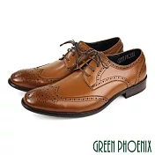 【GREEN PHOENIX】男 紳士皮鞋 商務皮鞋 全真皮 雷射雕花 漸層 渲染 弧型排壓 氣墊 EU40 咖啡色