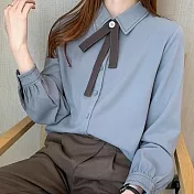 【Novia諾維亞】學院風翻領長袖領結裝飾加厚襯衫 M 藍灰色