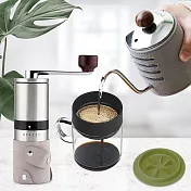 【PO:Selected】丹麥手沖咖啡三件組(咖啡壺-灰/玻璃杯240ml-橄欖綠/咖啡磨2.0)