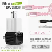 【KooPin】雙孔18W PD充電器(極速黑)+金屬編織PD快充線/充電傳輸線(2M)閃耀黑