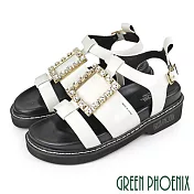 【GREEN PHOENIX】女 涼鞋 國際精品 寬帶 水鑽 方釦 義大利胎牛皮 厚底 EU36 白色