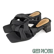 【GREEN PHOENIX】女 拖鞋 國際精品 交叉 扭結 軟羊皮 方頭 高跟 日本進口 EU37 黑色