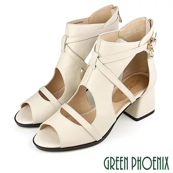 【GREEN PHOENIX】女 踝靴 涼鞋 國際精品 鏤空 墜飾 後拉鍊 粗跟 高跟 魚口 EU34.5 白色