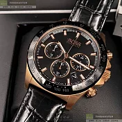 BOSS伯斯精品錶,編號：HB1513753,44mm圓形玫瑰金精鋼錶殼黑色錶盤真皮皮革深黑色錶帶