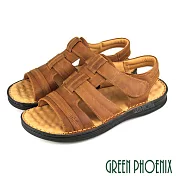 【GREEN PHOENIX】男 涼鞋 蠟感牛皮 魚骨 沾黏式 吸震 平底 台灣製 US11 棕色