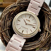 COACH蔻馳精品錶,編號：CH00101,32mm圓形粉色陶瓷錶殼粉色錶盤陶瓷粉紅錶帶