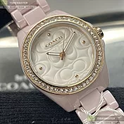 COACH蔻馳精品錶,編號：CH00104,30mm圓形粉紅陶瓷錶殼白色幾何立體圖形錶盤陶瓷粉紅錶帶