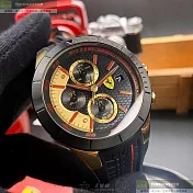 FERRARI法拉利精品錶,編號：FE00042,46mm圓形黑精鋼錶殼黑金色錶盤矽膠深黑色錶帶