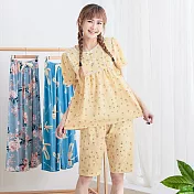 【Wonderland】鳳梨花花 緞帶100%梭織棉居家衣褲組(3色) L 黃色