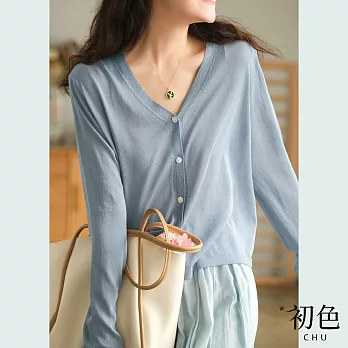 【初色】冰絲V領針織罩衫外套-共6色-61437(F可選) F 淺藍色
