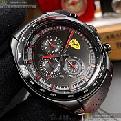 FERRARI法拉利精品錶,編號：FE00045,46mm圓形黑精鋼錶殼黑色錶盤真皮皮革深黑色錶帶