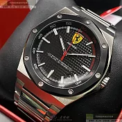 FERRARI法拉利精品錶,編號：FE00046,42mm六角形銀精鋼錶殼黑色錶盤精鋼銀色錶帶