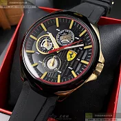 FERRARI法拉利精品錶,編號：FE00047,44mm圓形黑金色精鋼錶殼黑色錶盤矽膠深黑色錶帶