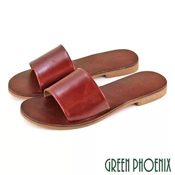 【GREEN PHOENIX】女 拖鞋 寬帶 手工製 全真皮 室內 室外 平底 台灣製 EU35 深紅色