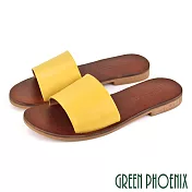 【GREEN PHOENIX】女 拖鞋 寬帶 手工製 全真皮 室內 室外 平底 台灣製 EU36 黃色