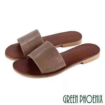 【GREEN PHOENIX】女 拖鞋 寬帶 手工製 全真皮 室內 室外 平底 台灣製 EU35 咖啡色
