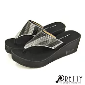 【Pretty】台灣製璀璨壓克力水鑽人字夾腳厚底楔型拖鞋 EU35 黑色