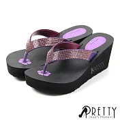 【Pretty】台灣製精緻燙鑽人字夾腳厚底楔型拖鞋 JP23 紫色