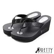 【Pretty】台灣製精緻燙鑽人字夾腳厚底楔型拖鞋 JP22.5 黑色