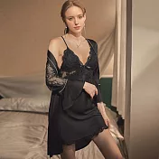 【Secret Lover】(帶胸墊)仿真絲 高檔精緻 法式蕾絲吊帶睡裙 罩衫二件套組SL2181 L 黑色