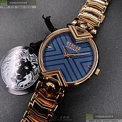 VERSUS VERSACE凡賽斯精品錶,編號：VV00071,34mm圓形玫瑰金精鋼錶殼寶藍色幾何立體圖形錶盤精鋼玫瑰金色錶帶
