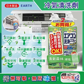 (2瓶超值組)日本興家安速-NextPlus+免水洗10分鐘瞬效除臭防霉芳香冷氣清潔劑420ml/瓶(水刀式噴射去汙) 清新森林(綠瓶)