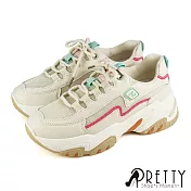 【Pretty】多彩撞色異質拼接綁帶厚底休閒鞋/老爹鞋 EU36 米色2