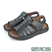 【GREEN PHOENIX】男 涼鞋 線條感 全真皮 沾黏式 寬楦 厚底 手工 台灣製 US6 黑色