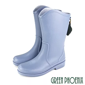 【GREEN PHOENIX】女 雨靴 雨鞋 中筒 素面 葉片 墜飾 吸震 減壓 防水 EU36 水藍色