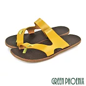 【GREEN PHOENIX】女 拖鞋 套趾 夾腳 復古 日系 純色 全真皮 平底 台灣製 EU39 黃色