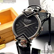 VERSUS VERSACE凡賽斯精品錶,編號：VV00073,34mm圓形銀精鋼錶殼黑色錶盤真皮皮革深黑色錶帶
