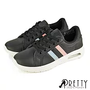 【Pretty】女 休閒鞋 撞色 雙線條 綁帶 氣墊 平底 台灣製 JP23 黑色