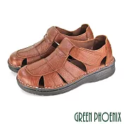 【GREEN PHOENIX】男 涼鞋 護趾 鏤空 手工 寬帶 全真皮 沾黏式 平底 台灣製 US11 咖啡色