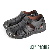 【GREEN PHOENIX】男 涼鞋 護趾 鏤空 手工 寬帶 全真皮 沾黏式 平底 台灣製 US7 黑色