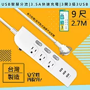 【WISER精選:台灣製造】9呎2.7M延長線3P3開3插3USB(新安規/USB快充3.5A)