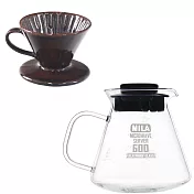 MILA日本製 織部燒 咖啡濾杯01-琥珀飴釉(附MILA耐熱玻璃壺600ml-黑蓋)