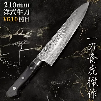 日本一刀齋虎徹作VG10洋式210mm牛刀K-VGSAG210(槌目大馬革紋;33層積層鋼;龍骨黑合柄;高橋楠手工製造)主廚刀法式刀切肉刀